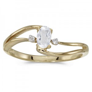 14k Yellow Gold Oval White Topaz And Diamond Wave Ring
