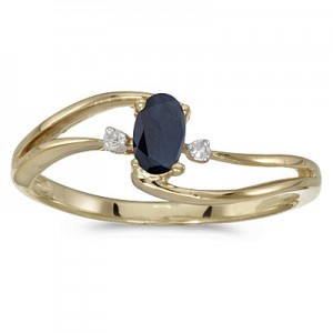 14k Yellow Gold Oval Sapphire And Diamond Wave Ring