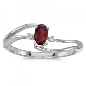 14k White Gold Oval Garnet And Diamond Wave Ring