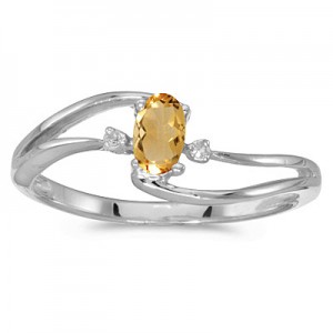 14k White Gold Oval Citrine And Diamond Wave Ring