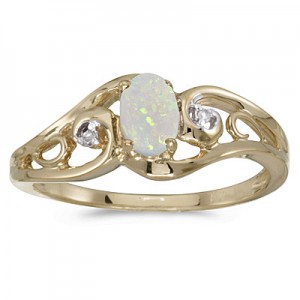 10k Yellow Gold Oval Opal And Diamond Ring