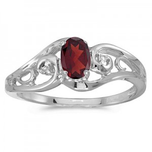 10k White Gold Oval Garnet And Diamond Ring