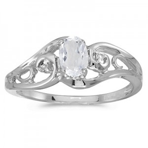 10k White Gold Oval White Topaz And Diamond Ring