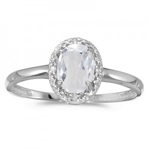 10k White Gold Oval White Topaz And Diamond Ring