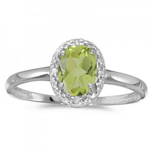 10k White Gold Oval Peridot And Diamond Ring