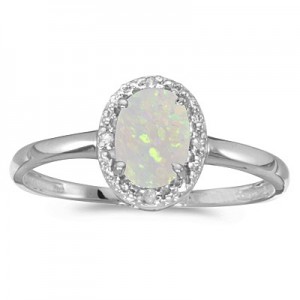 10k White Gold Oval Opal And Diamond Ring