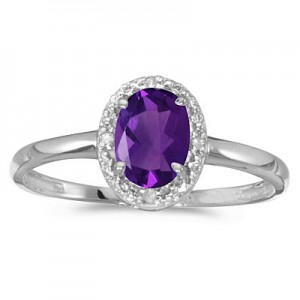 14k White Gold Oval Amethyst And Diamond Ring