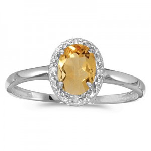 14k White Gold Oval Citrine And Diamond Ring
