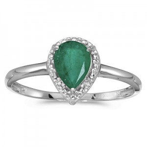 14k White Gold Pear Emerald And Diamond Ring