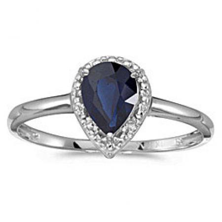 14k White Gold Pear Sapphire and Diamond Birthstone Ring