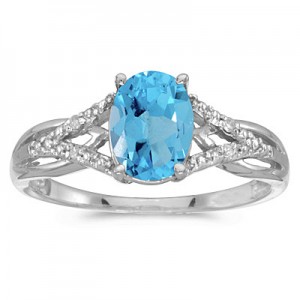 14k White Gold Oval Blue Topaz And Diamond Ring