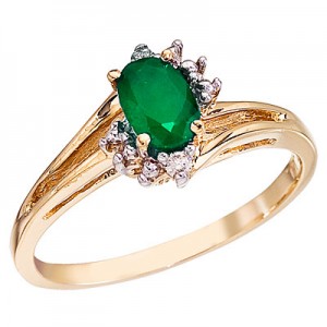 14K Yellow Gold 6x4 Oval Emerald and Diamond Ring