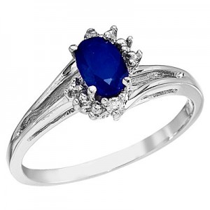 14K White Gold 6x4 Oval Sapphire and Diamond Ring