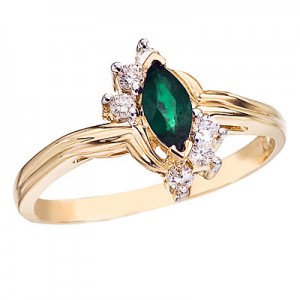 14K Yellow Gold 6x3 Marquise Emerald and Diamond Ring
