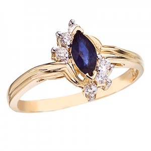 14K Yellow Gold 6x3 Marquise Sapphire and Diamond Ring