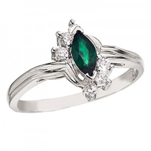14K White Gold 6x3 Marquise Emerald and Diamond Ring