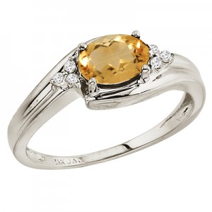 14K White Gold Oval Citrine and Diamond Side Set Ring