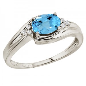 14K White Gold Oval Blue Topaz and Diamond Side Set Ring