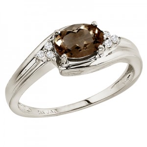 14K White Gold Oval Smoky Topaz and Diamond Side Set Ring