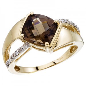 14K Yellow Gold Smoky Topaz and Diamond Ring