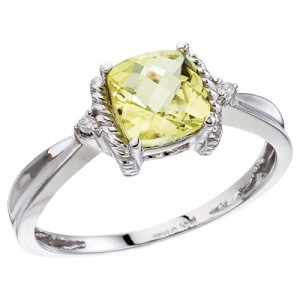 14K White Gold Lemon Quartz and Diamond Ring