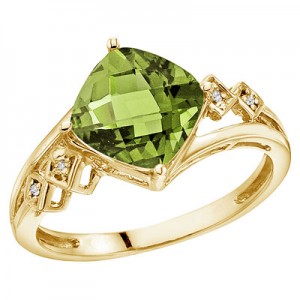 14K Yellow Gold 8 mm Cushion Peridot and Diamond Ring