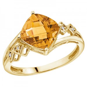 14K Yellow Gold 8 mm Cushion Citrine and Diamond Ring