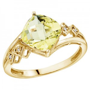 14K Yellow Gold 8 mm Cushion Lemon Quartz and Diamond Ring