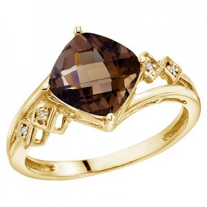 14K Yellow Gold 8 mm Cushion Smoky Topaz and Diamond Ring