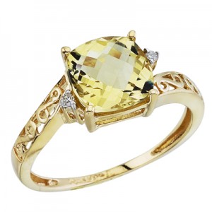 14K Yellow Lemon Quartz and Diamond Filigree Ring