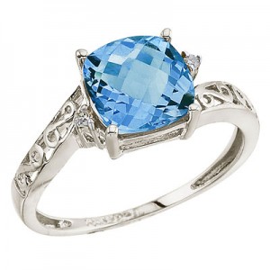 14K White Blue Topaz and Diamond Filigree Ring