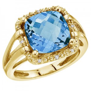 14K Yellow Gold 10 mm Blue Topaz and Diamond Rope Ring