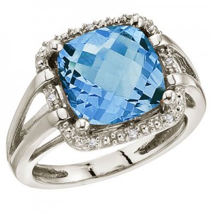 14K White Gold 10 mm Blue Topaz and Diamond Rope Ring