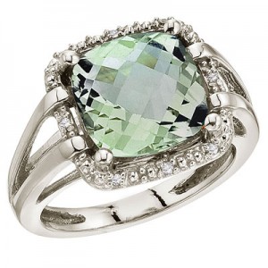 14K White Gold 10 mm Green Amethyst and Diamond Rope Ring