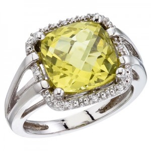 14K White Gold 10 mm Lemon Quartz and Diamond Ring