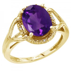 14K Yellow Gold 10x8 Oval Checkerboard Amethyst and Diamond Ring