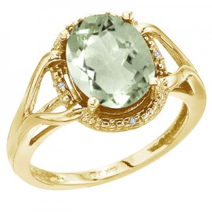 14K Yellow Gold 10x8 Oval Checkerboard Green Amethyst and Diamond Ring