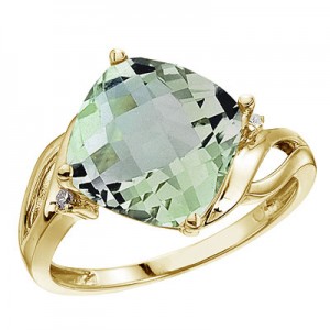 14K Yellow Gold 10 mm Cushion Green Amethyst and Diamond Ring