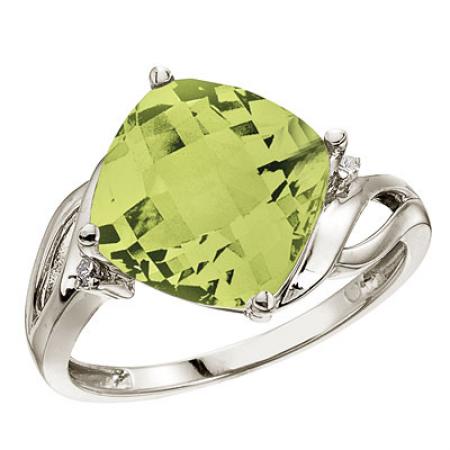 14K White Gold 10 mm Cushion Peridot and Diamond Ring