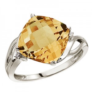 14K White Gold 10 mm Cushion Citrine and Diamond Ring