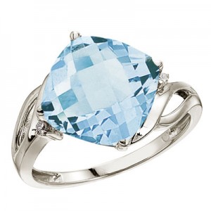 14K White Gold Blue Topaz and Diamond Cushion Ring