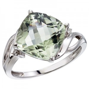 14K White Gold Green Amethyst and Diamond Cushion Ring