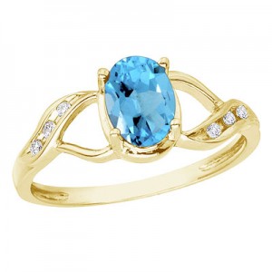 14K Yellow Gold Oval Blue Topaz and Diamond Swirl Ring