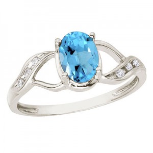 14K White Gold Oval Blue Topaz and Diamond Swirl Ring