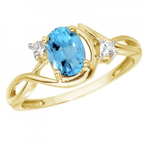 14K Yellow Gold 2 Ct Oval Blue Topaz and Diamond Bypass Ring