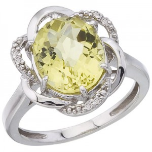 14K White Gold 11x9 Oval Lemon Quartz and Diamond Swirl Ring