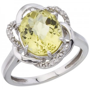 14K White Gold 11x9 Oval Lemon Quartz and Diamond Swirl Ring