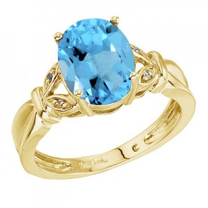 14K Yellow Gold Large Oval Blue Topaz and Diamond Ring