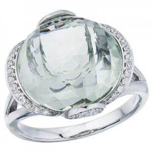 14K White Gold Green Amethyst and Diamond Dome Ring