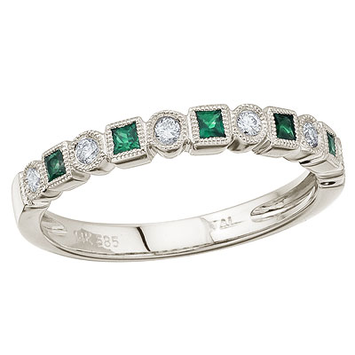 14K White Gold Stackable Princess Emerald and Diamond Band Ring